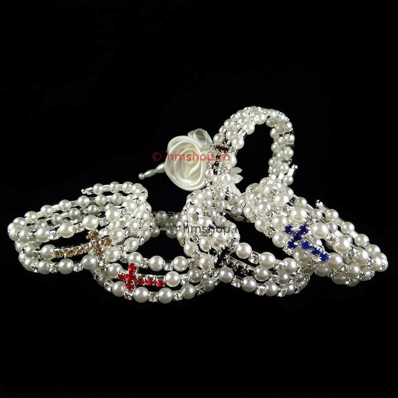 Obiecte bisericesti | Bratara spirala metalica perle de plastic si strasuri | 11154