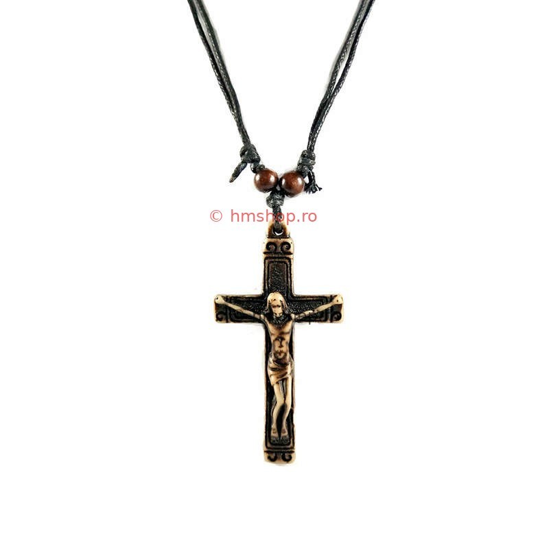 Obiecte bisericesti | Colier cruce sculptata din plastic maro | 11829