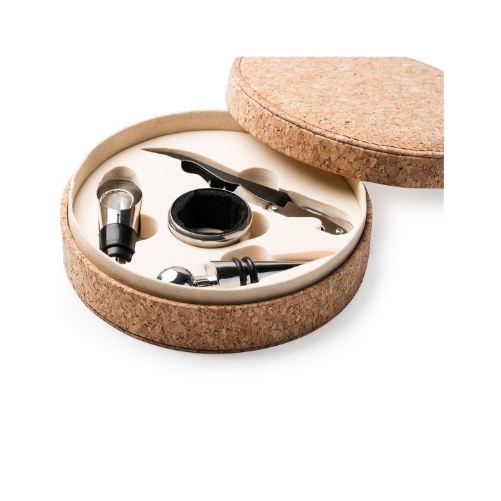 Set 4 accesorii vin in cutie de pluta