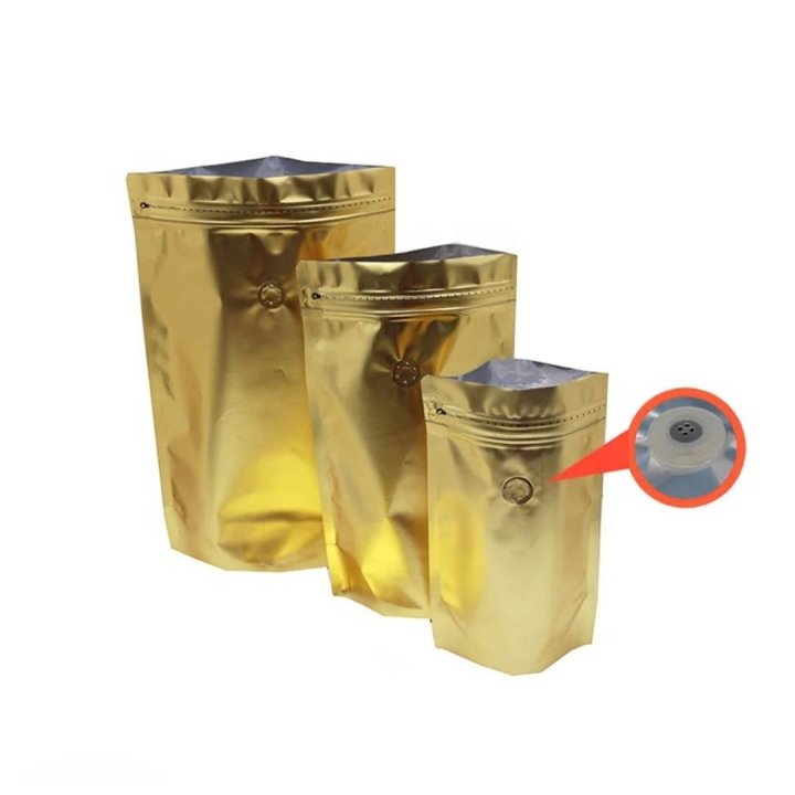 Pungi aurii stand-up cu supapă și fermoar 12x20cm